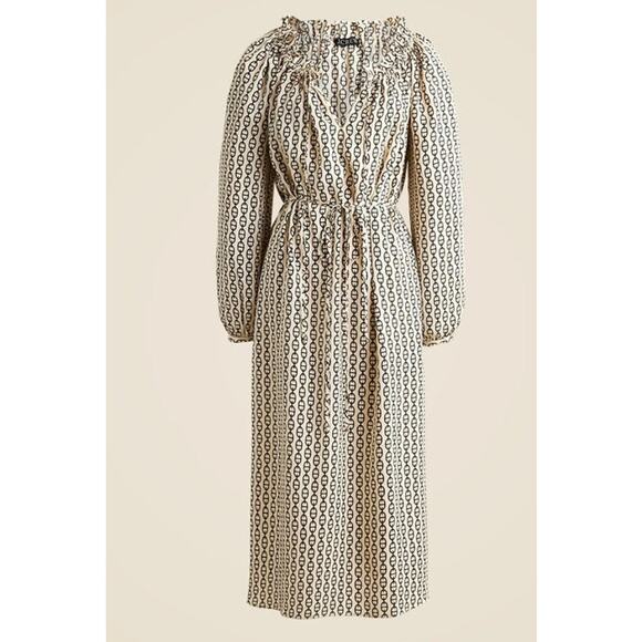 NWT J. Crew Ruffleneck Midi Dress In Vintage Links Print "Missing Belt" S - Picture 1 of 7